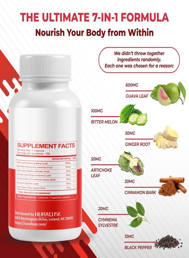 NURAFUSE Guava Extract & Bitter Melon – Rich in Antioxidants, Supports Healthy Metabolism & Digestive Health – with Ginger, Artichoke, Cinnamon, Gymnema & Black Pepper – 150 Capsules - Image 3